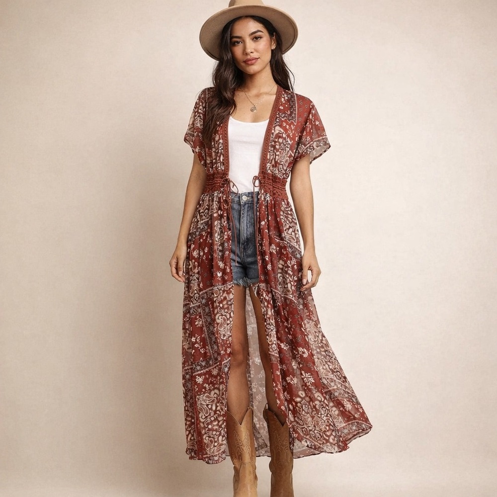Bohemian/Western Rust Red Floral Kimono